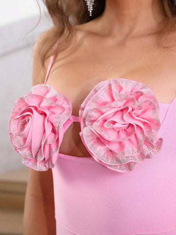 Modphy New Sexy V-Neck Sleeveless 3D Diamond Flower Bodycon Long Bandage Dress For Women's Cocktail Party, Evening Gown