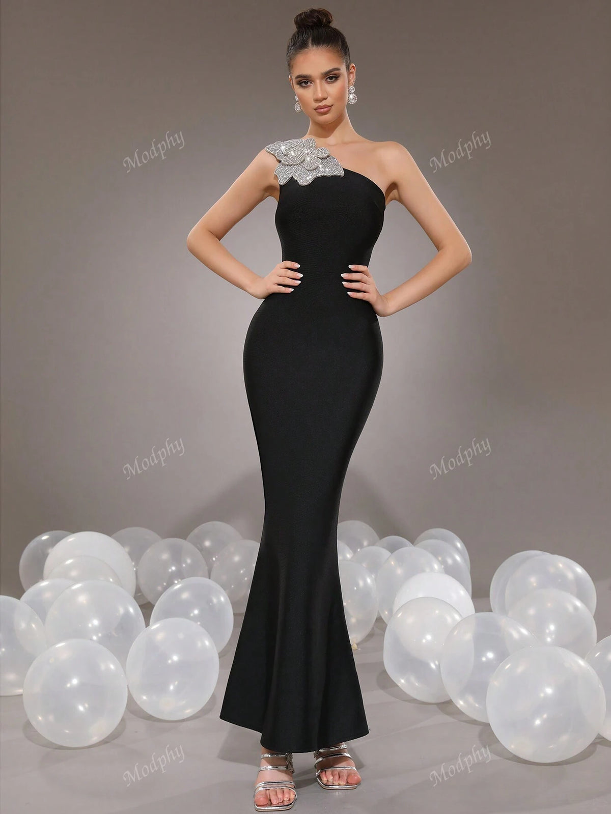 Modphy New Sparkly Flower Shoulder Single Bodycon Long Bandage Mermaid Formal Evening Dress For Women