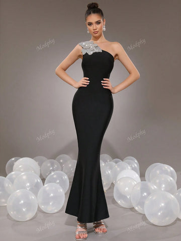 Modphy New Sparkly Flower Shoulder Single Bodycon Long Bandage Mermaid Formal Evening Dress For Women
