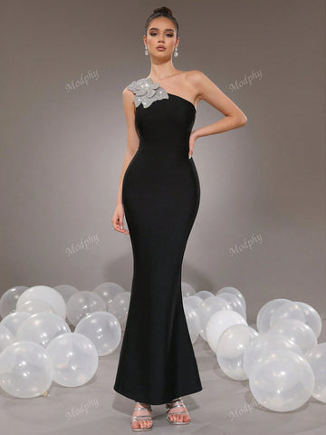 Modphy New Sparkly Flower Shoulder Single Bodycon Long Bandage Mermaid Formal Evening Dress For Women