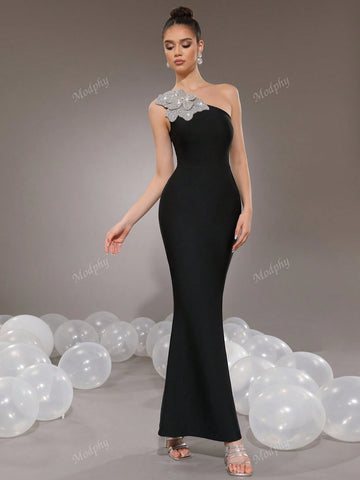 Modphy New Sparkly Flower Shoulder Single Bodycon Long Bandage Mermaid Formal Evening Dress For Women