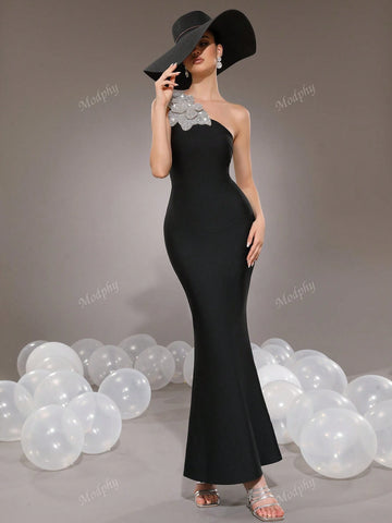 Modphy New Sparkly Flower Shoulder Single Bodycon Long Bandage Mermaid Formal Evening Dress For Women