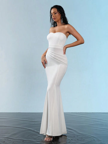 Modphy New Stylish Women's White Sleeveless Backless Ruched Bodycon Long Bandage Mermaid Dress, Elegant For Birthday, Party And Formal Evening Gown