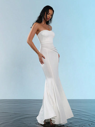 Modphy New Stylish Women's White Sleeveless Backless Ruched Bodycon Long Bandage Mermaid Dress, Elegant For Birthday, Party And Formal Evening Gown