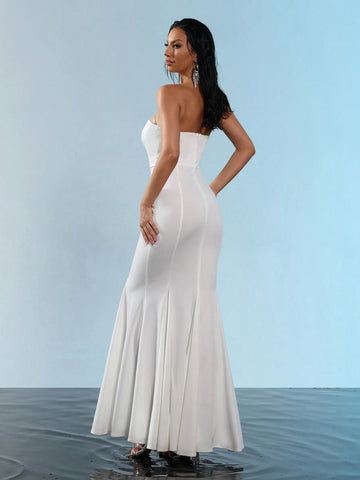 Modphy New Stylish Women's White Sleeveless Backless Ruched Bodycon Long Bandage Mermaid Dress, Elegant For Birthday, Party And Formal Evening Gown