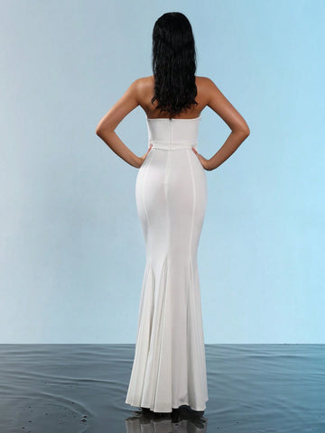 Modphy New Stylish Women's White Sleeveless Backless Ruched Bodycon Long Bandage Mermaid Dress, Elegant For Birthday, Party And Formal Evening Gown