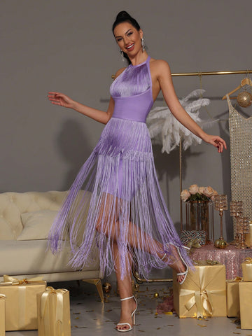 Modphy New Ladies' Sexy Solid Color Halter Backless Tassel Sleeveless Dress, Women's Party Formal Dress