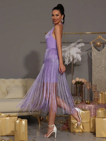 Modphy New Ladies' Sexy Solid Color Halter Backless Tassel Sleeveless Dress, Women's Party Formal Dress