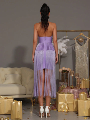 Modphy New Ladies' Sexy Solid Color Halter Backless Tassel Sleeveless Dress, Women's Party Formal Dress