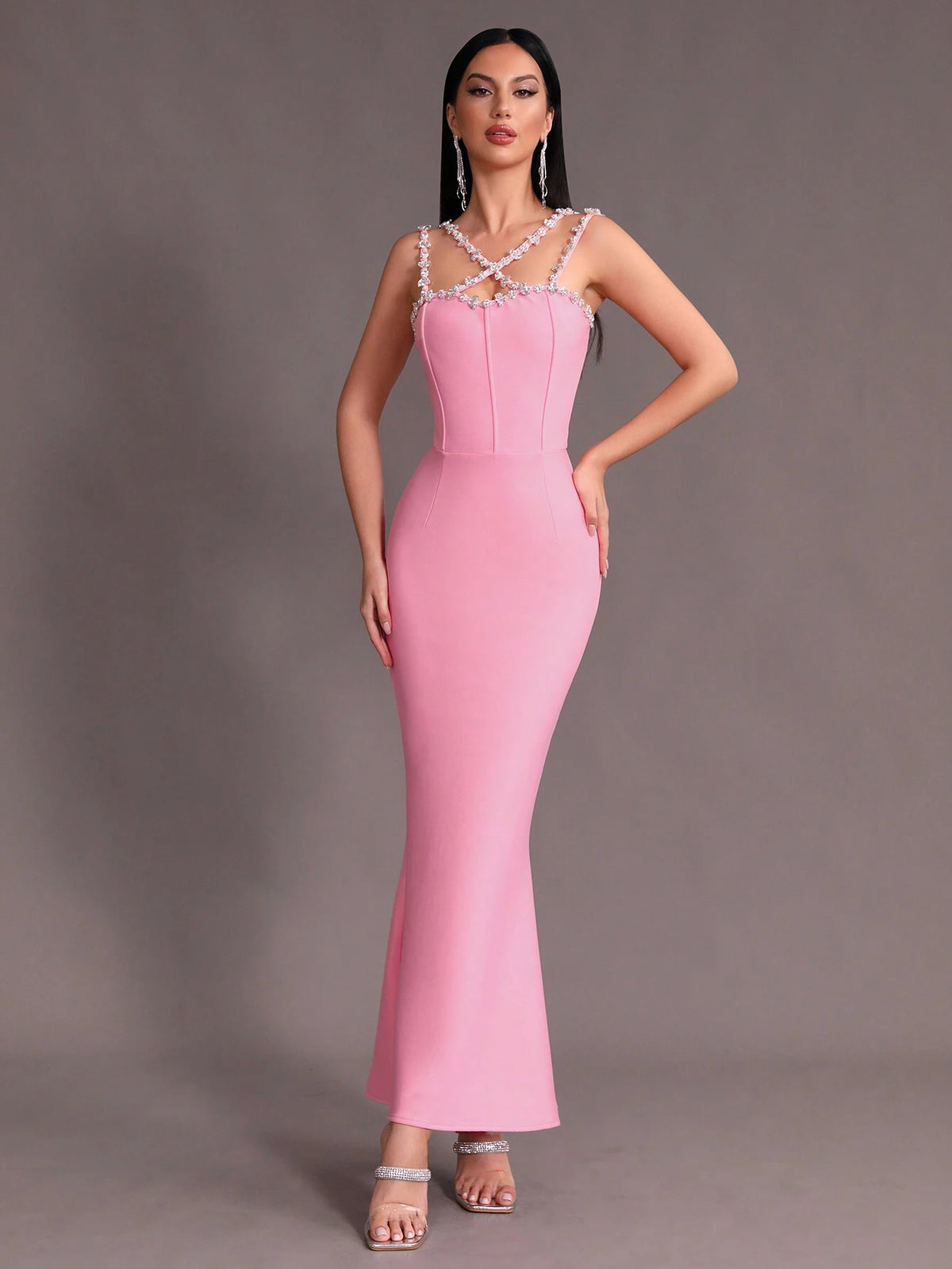 Modphy Pink Sexy Halter Sleeveless Bandage Mermaid Evening Formal Dress With Rhinestone Embellishment