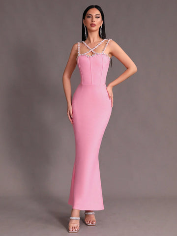 Modphy Pink Sexy Halter Sleeveless Bandage Mermaid Evening Formal Dress With Rhinestone Embellishment