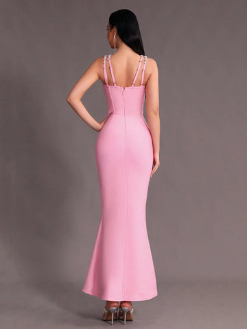 Modphy Pink Sexy Halter Sleeveless Bandage Mermaid Evening Formal Dress With Rhinestone Embellishment