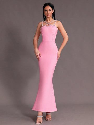 Modphy Pink Sexy Halter Sleeveless Bandage Mermaid Evening Formal Dress With Rhinestone Embellishment