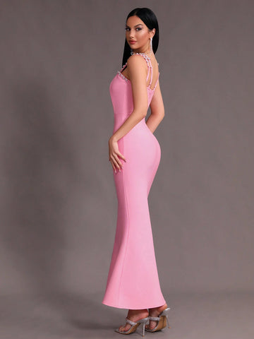 Modphy Pink Sexy Halter Sleeveless Bandage Mermaid Evening Formal Dress With Rhinestone Embellishment