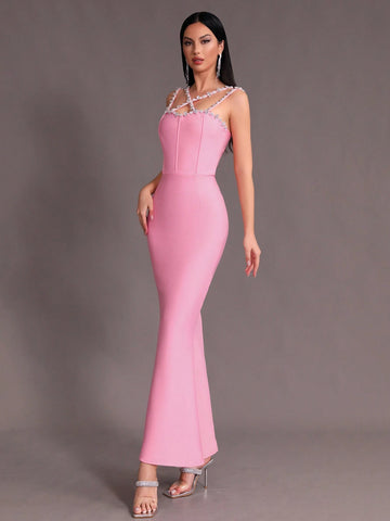 Modphy Pink Sexy Halter Sleeveless Bandage Mermaid Evening Formal Dress With Rhinestone Embellishment