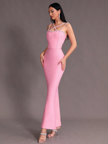 Modphy Pink Sexy Halter Sleeveless Bandage Mermaid Evening Formal Dress With Rhinestone Embellishment