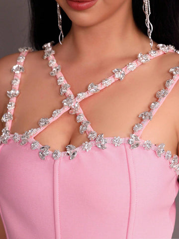 Modphy Pink Sexy Halter Sleeveless Bandage Mermaid Evening Formal Dress With Rhinestone Embellishment