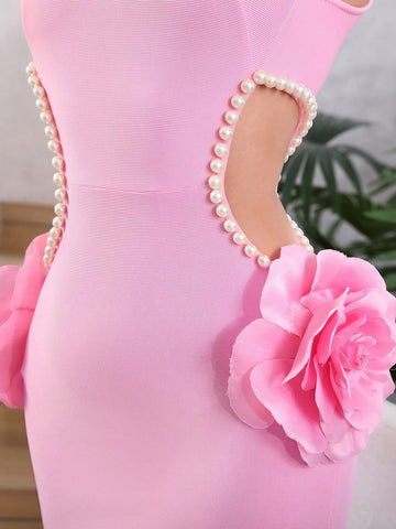 Modphy Pink Sexy Hollow Out Mermaid Style Pearl 3D Flower Long Bandage Dress, Ideal For Wedding Bridesmaids & Formals