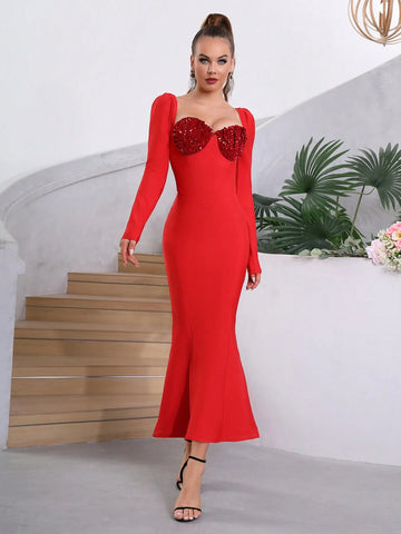 Modphy Red Strapless Square Neck Rhinestone Embellished Long Sleeve Mermaid Bodycon Bandage Gown, Perfect For Wedding Bridesmaid Or Formal Evening Party