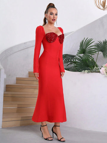 Modphy Red Strapless Square Neck Rhinestone Embellished Long Sleeve Mermaid Bodycon Bandage Gown, Perfect For Wedding Bridesmaid Or Formal Evening Party