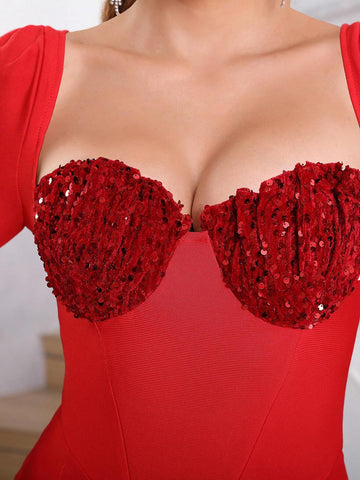 Modphy Red Strapless Square Neck Rhinestone Embellished Long Sleeve Mermaid Bodycon Bandage Gown, Perfect For Wedding Bridesmaid Or Formal Evening Party