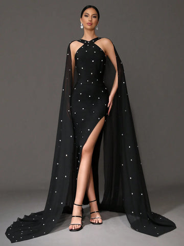 Modphy Rhinestone Beaded Neck Cloak Bandage Dress, Women's Formal Evening Prom Dress