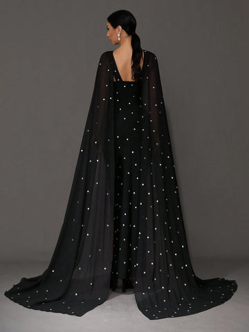 Modphy Rhinestone Beaded Neck Cloak Bandage Dress, Women's Formal Evening Prom Dress