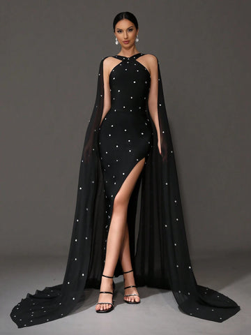 Modphy Rhinestone Beaded Neck Cloak Bandage Dress, Women's Formal Evening Prom Dress
