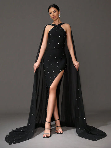 Modphy Rhinestone Beaded Neck Cloak Bandage Dress, Women's Formal Evening Prom Dress