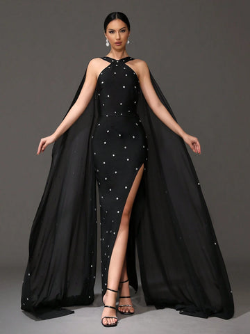 Modphy Rhinestone Beaded Neck Cloak Bandage Dress, Women's Formal Evening Prom Dress