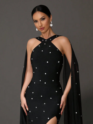Modphy Rhinestone Beaded Neck Cloak Bandage Dress, Women's Formal Evening Prom Dress