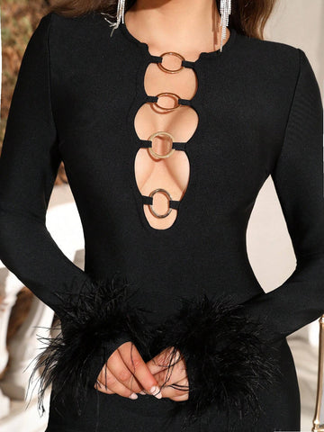 Modphy Sexy Feather-Like Black Round Neck Hollow Out Long Sleeve Tight Bandage Dress For Wedding/Evening Party