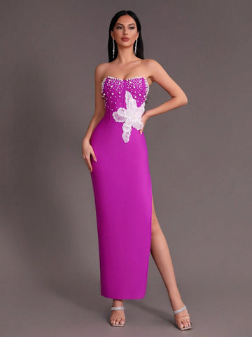 Modphy Sexy Pearl Sequin Embroidery Decor Open Slit Bandage Party Prom Tube Dress
