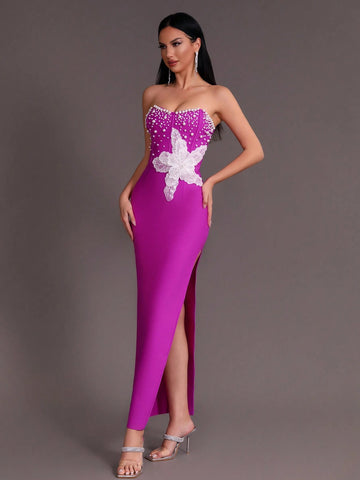Modphy Sexy Pearl Sequin Embroidery Decor Open Slit Bandage Party Prom Tube Dress
