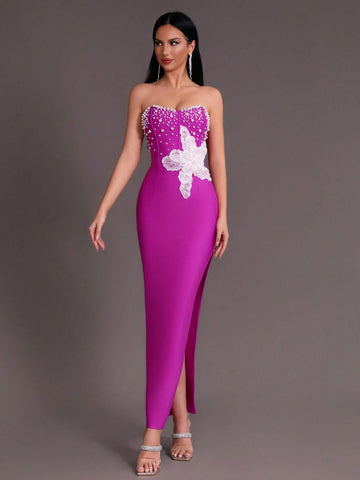 Modphy Sexy Pearl Sequin Embroidery Decor Open Slit Bandage Party Prom Tube Dress