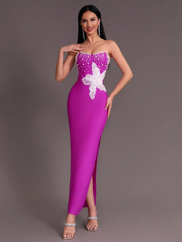 Modphy Sexy Pearl Sequin Embroidery Decor Open Slit Bandage Party Prom Tube Dress