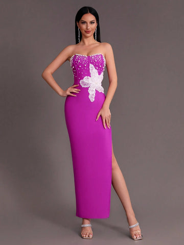 Modphy Sexy Pearl Sequin Embroidery Decor Open Slit Bandage Party Prom Tube Dress