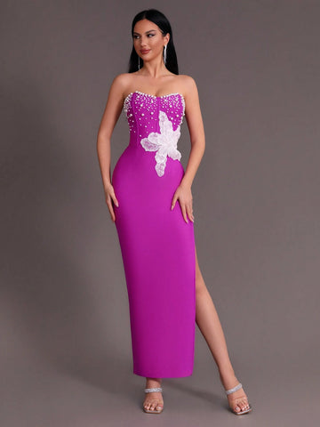 Modphy Sexy Pearl Sequin Embroidery Decor Open Slit Bandage Party Prom Tube Dress
