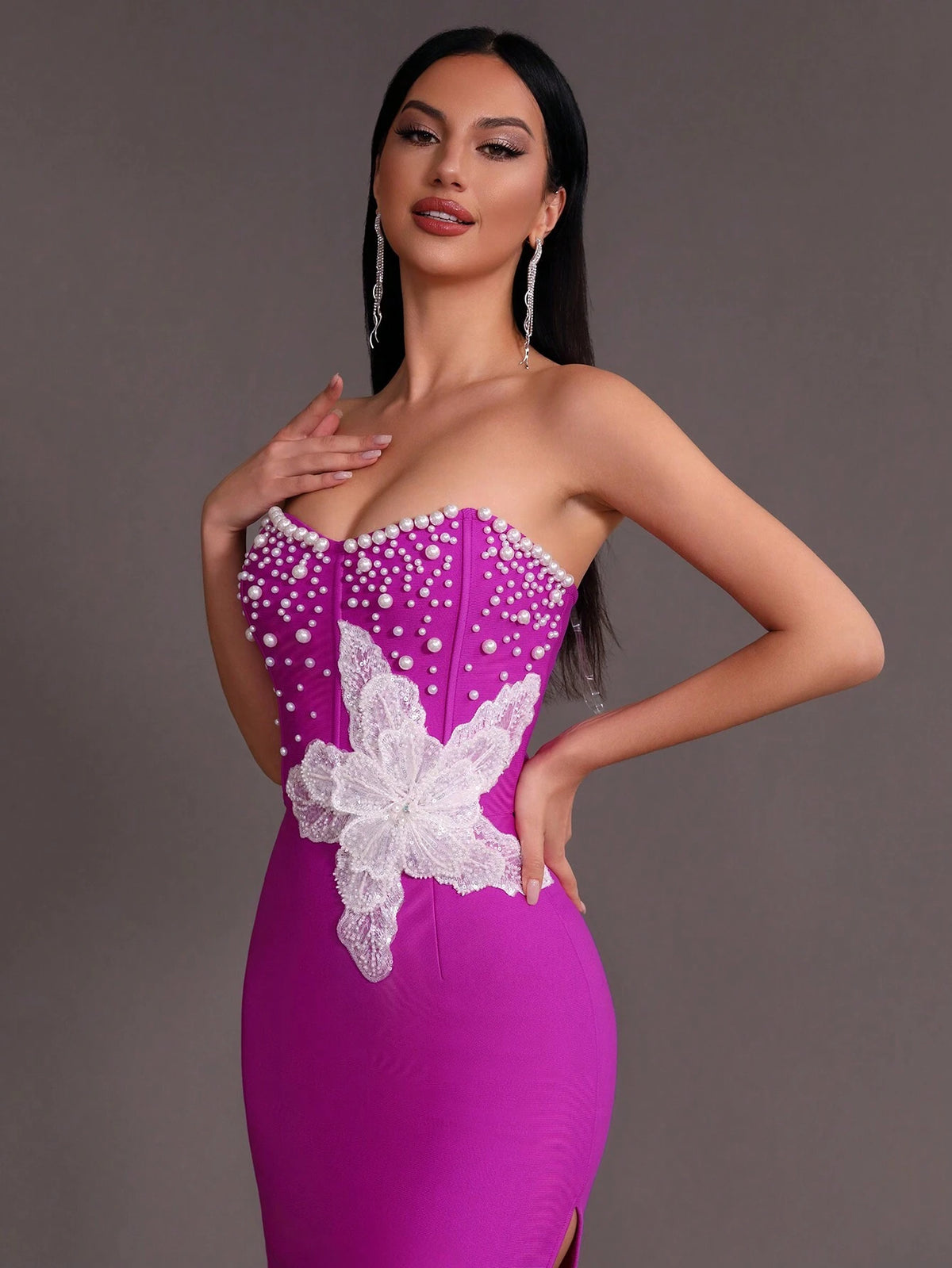 Modphy Sexy Pearl Sequin Embroidery Decor Open Slit Bandage Party Prom Tube Dress