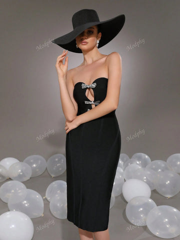 Modphy Sexy Strapless Rhinestoned Bow Hollow-Out Bandage Midi Bodycon Party Dress, Black, For Women