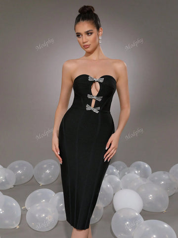 Modphy Sexy Strapless Rhinestoned Bow Hollow-Out Bandage Midi Bodycon Party Dress, Black, For Women