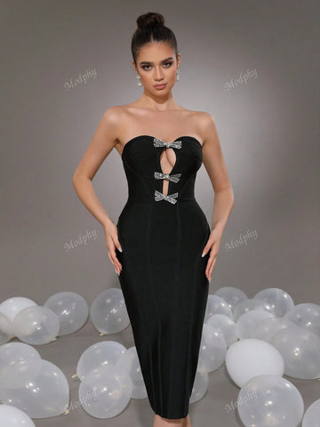 Modphy Sexy Strapless Rhinestoned Bow Hollow-Out Bandage Midi Bodycon Party Dress, Black, For Women