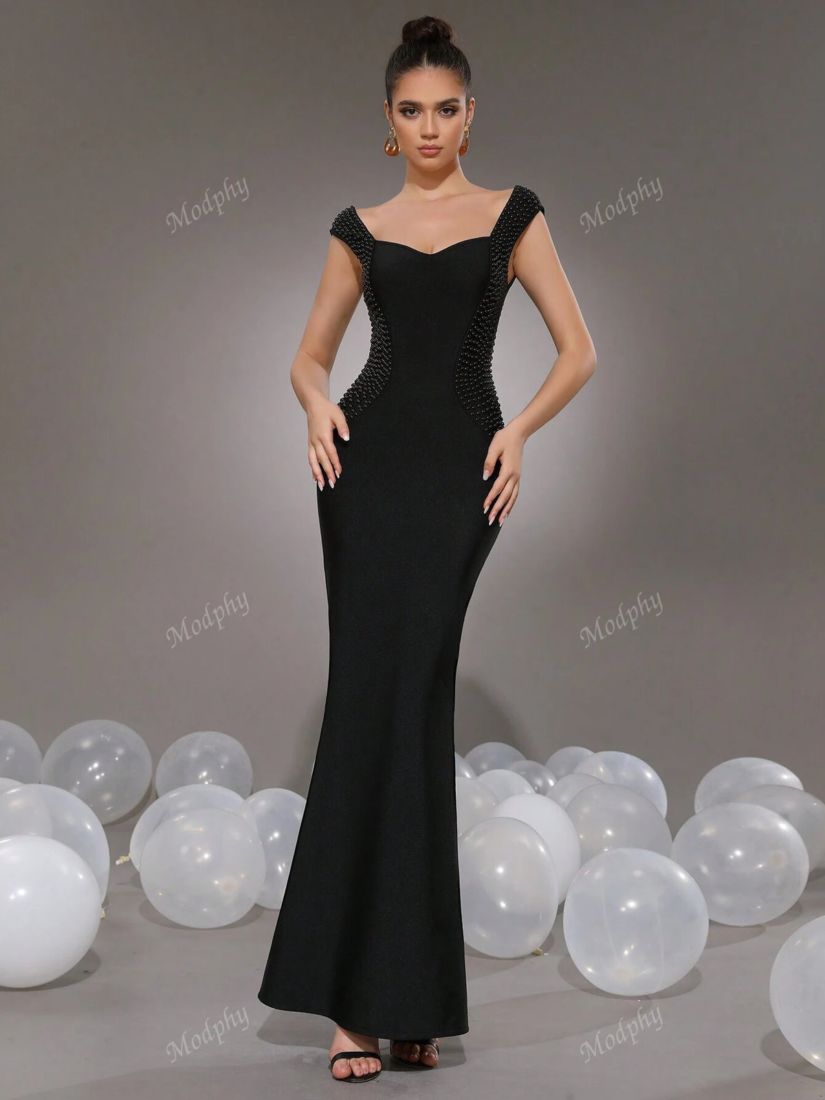 Modphy Sexy V-Neck Sleeveless Black Pearl Bodycon Long Bandage Fishtail Dress, Fashion Women Formal Party Gown