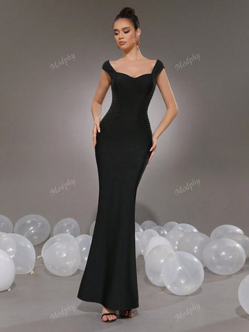 Modphy Sexy V-Neck Sleeveless Black Pearl Bodycon Long Bandage Fishtail Dress, Fashion Women Formal Party Gown