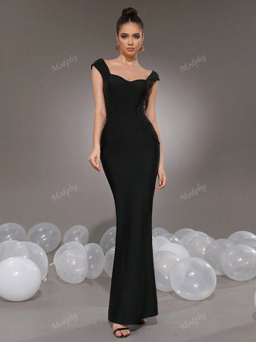 Modphy Sexy V-Neck Sleeveless Black Pearl Bodycon Long Bandage Fishtail Dress, Fashion Women Formal Party Gown