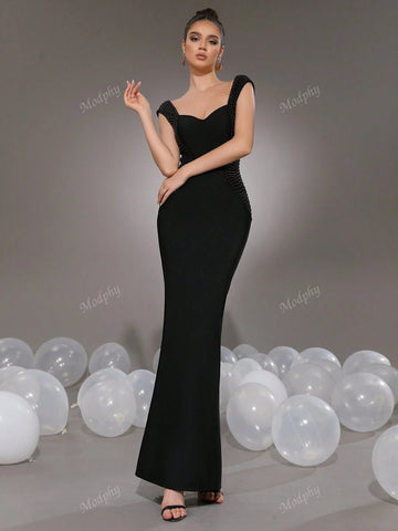 Modphy Sexy V-Neck Sleeveless Black Pearl Bodycon Long Bandage Fishtail Dress, Fashion Women Formal Party Gown