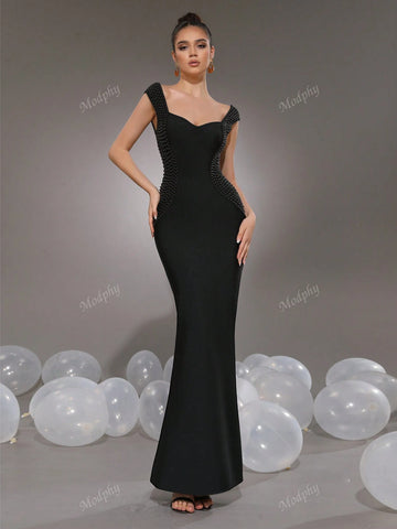 Modphy Sexy V-Neck Sleeveless Black Pearl Bodycon Long Bandage Fishtail Dress, Fashion Women Formal Party Gown