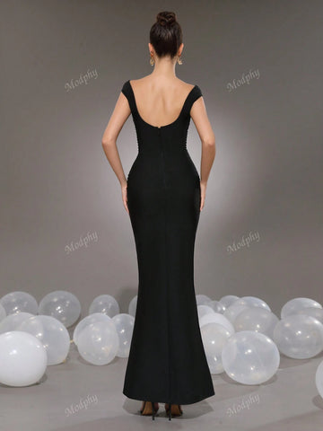 Modphy Sexy V-Neck Sleeveless Black Pearl Bodycon Long Bandage Fishtail Dress, Fashion Women Formal Party Gown