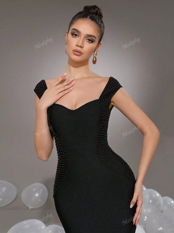 Modphy Sexy V-Neck Sleeveless Black Pearl Bodycon Long Bandage Fishtail Dress, Fashion Women Formal Party Gown