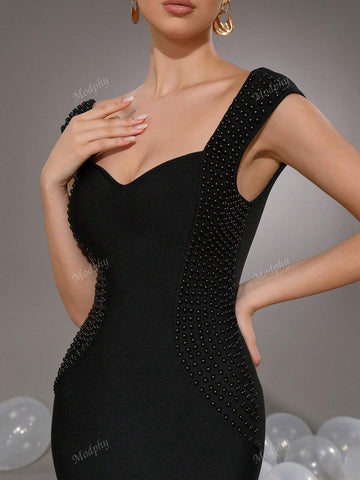 Modphy Sexy V-Neck Sleeveless Black Pearl Bodycon Long Bandage Fishtail Dress, Fashion Women Formal Party Gown